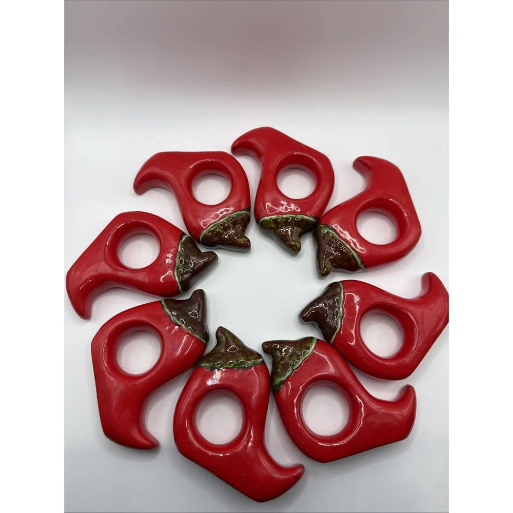 Red Chili Peppers Napkin Rings Set of 8 Ceramic Porcelain 3x3.5